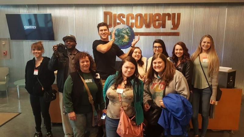 Delaware Technical Community College Communications Technology students toured the headquarters of Discovery Communications. Shown are in back (l-r) Madison Griffin, Otis Smith, Brennan Weber, Caitlin Chaney, Marykate Bennett, Hannah Christ and Jacqueline Bailey. In front are Louise Whale, Colleen Carney and Emily Zimmerman. SUBMITTED PHOTO